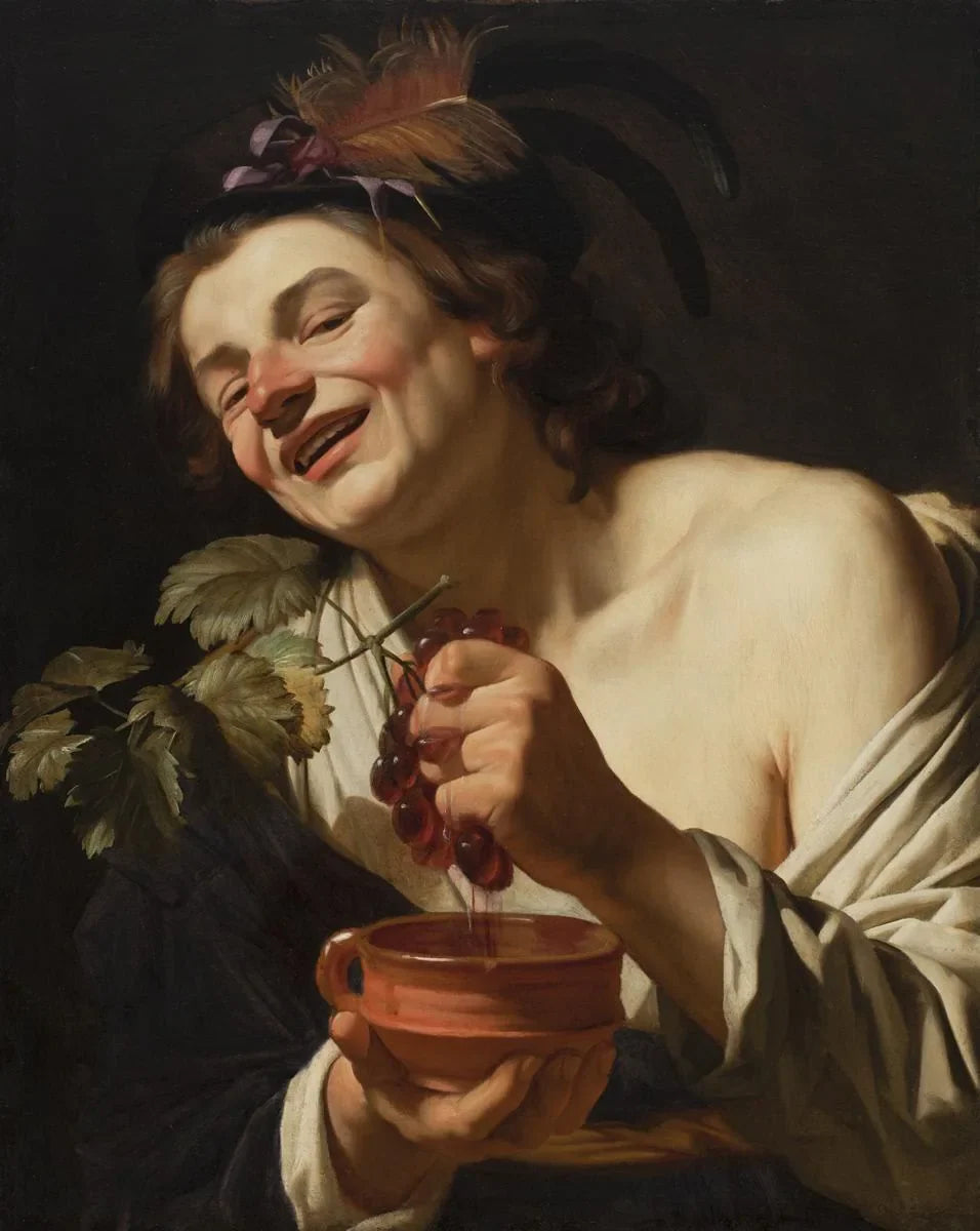 Jeune homme souriant pressant des raisins - Gerrit van Honthorst image 1 copie peinte à la main à l’huile