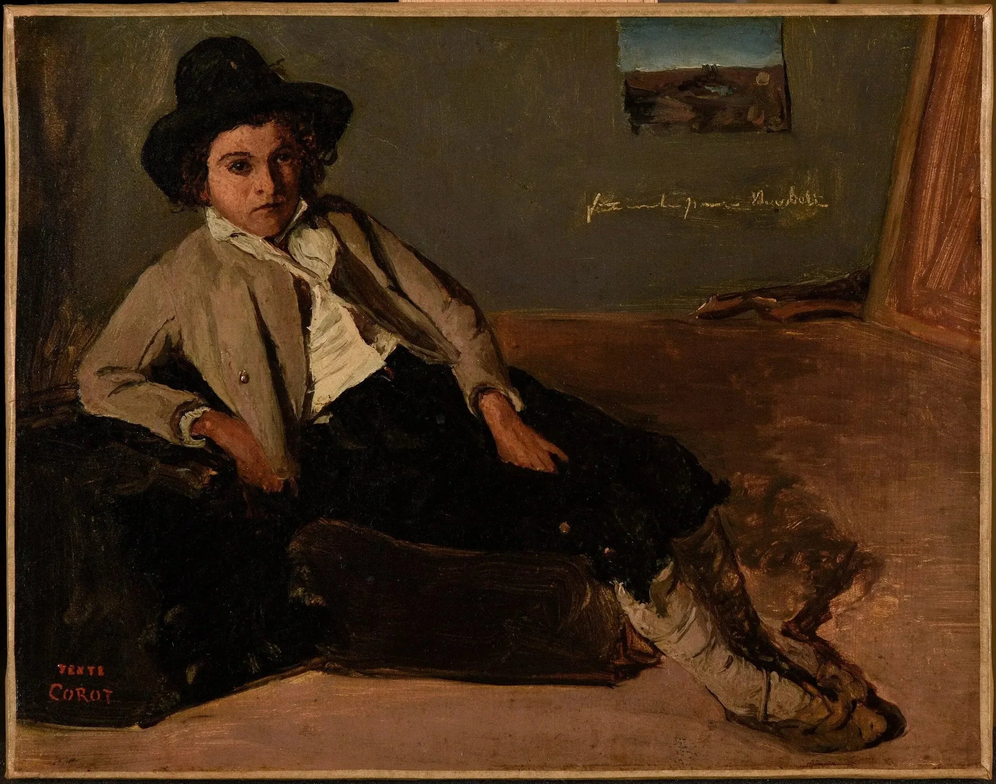 Jeune italien assis dans la chambre de Corot à Rome - Jean-Baptiste Camille Corot image 1 tableau peint à l’huile sur toile