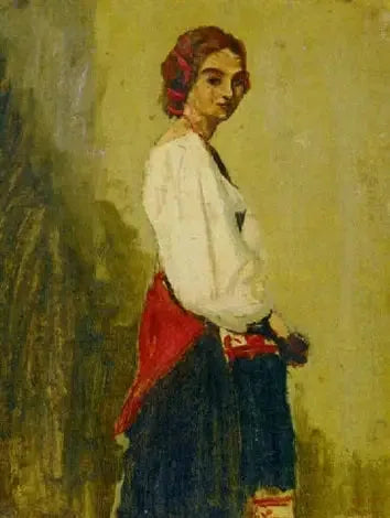 Jeune Italienne debout, le corps de profil et la tête de face - Jean-Baptiste Camille Corot image 1 copie peinte à la main à l’huile