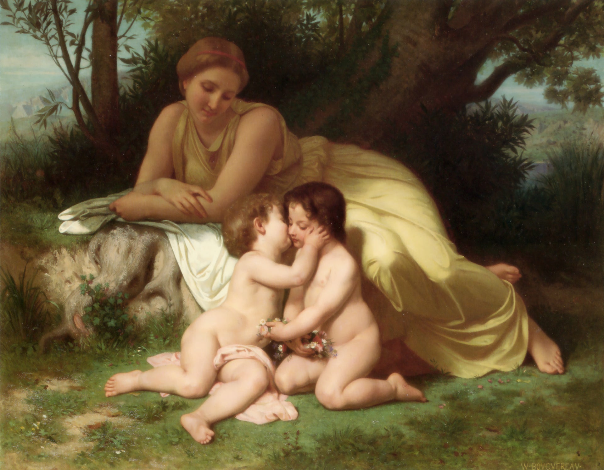 Jeune mère contemplant deux enfants qui s’embrassent de William-Adolphe Bouguereau