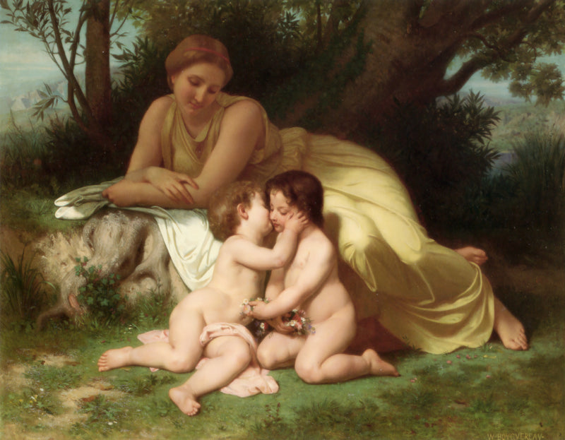 Jeune mère contemplant deux enfants qui s’embrassent - Bouguereau