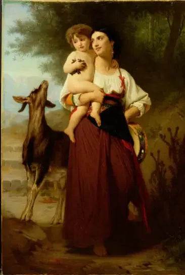 Jeune mère en costume de campagne avec son enfant et une chèvre - Bouguereau image 1 copie peinte à la main à l’huile