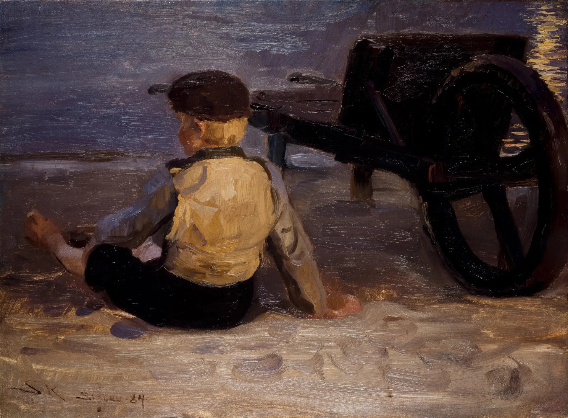 Jeune pêcheur assis à côté d'une brouette. Plage sud de Skagen. - Peder Severin Krøyer image 1 copie peinte à la main à l’huile