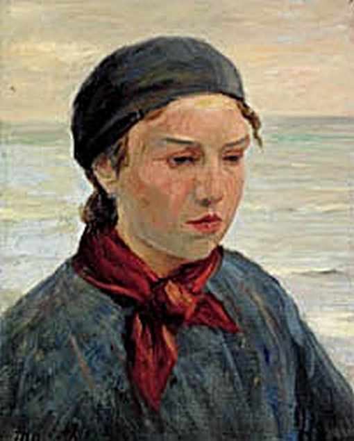 Jeune pêcheuse avec un foulard rouge autour du cou. - Michael Peter Ancher