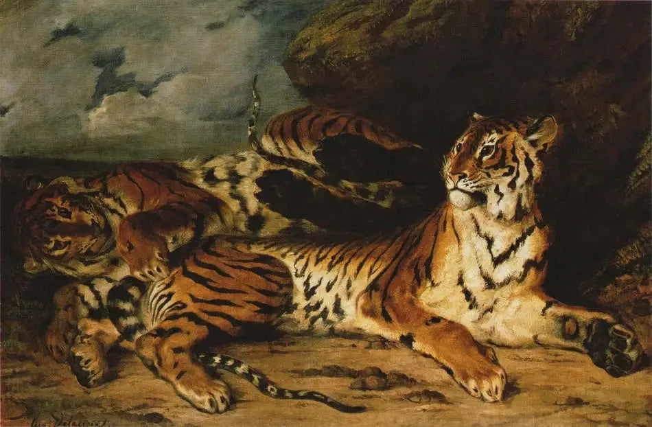 Jeune Tigre jouant avec sa mère - Eugène Delacroix image 1 reproduction artisanale de tableau