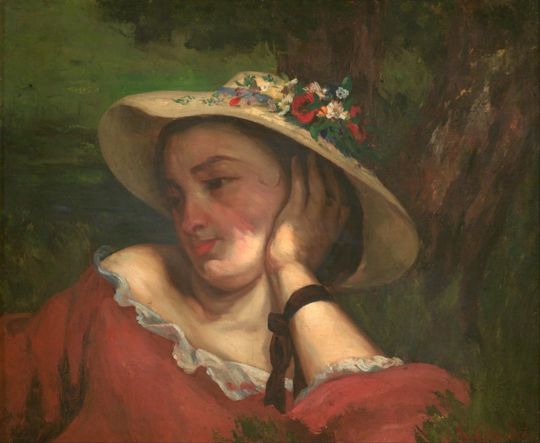Jeunes dames au bord de la Seine – fragment d'un tableau (Femme aux fleurs sur son chapeau) - Gustave Courbet image 1 reproduction de peinture à l’huile