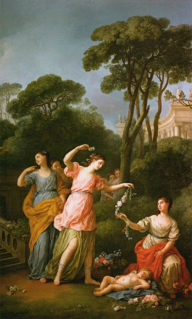 Jeunes filles parant de fleurs l'amour endormi - Joseph-Marie Vien image 1 reproduction d’œuvre d’art à l’huile
