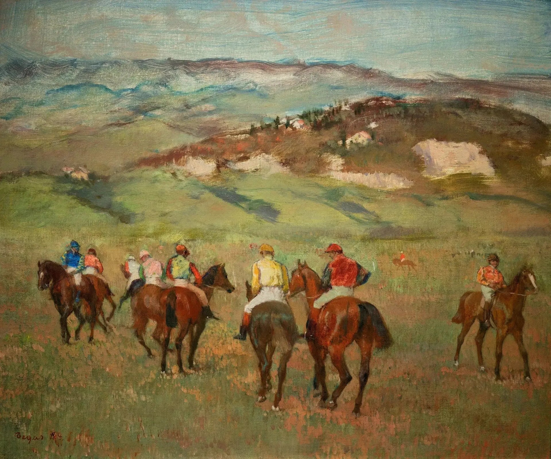 Jockeys à cheval devant les collines lointaines - Edgar Degas image 1 reproduction artisanale de tableau