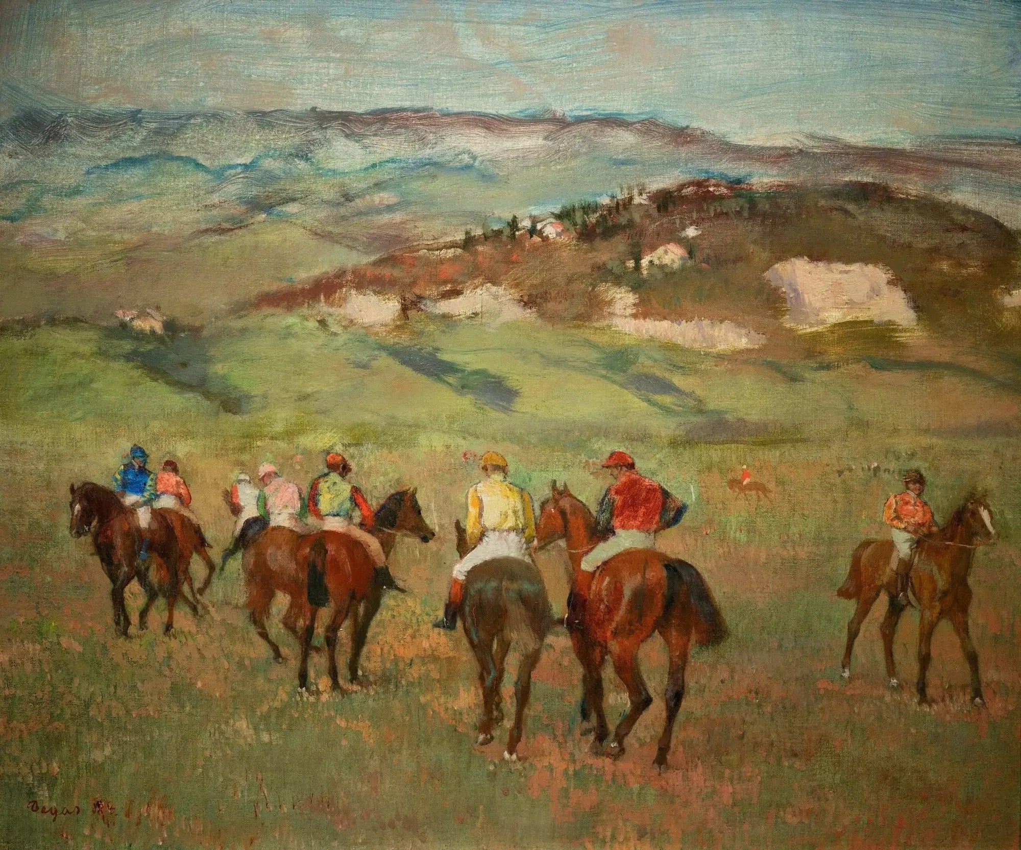 Jockeys à cheval devant les collines lointaines - Edgar Degas image 1 reproduction artisanale de tableau