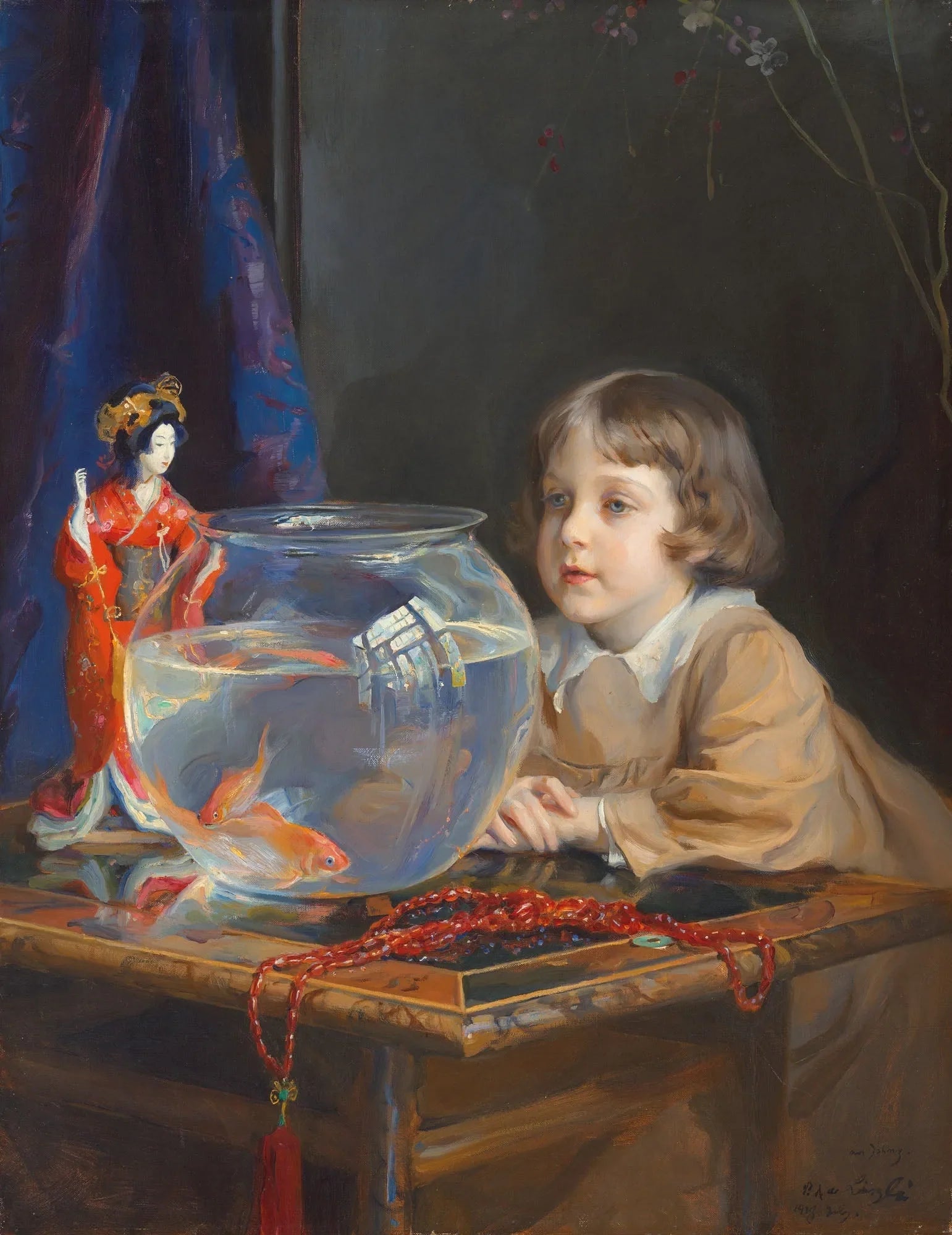 John de László et un bocal à poissons rouges - Philip de László image 1 copie peinte à la main à l’huile