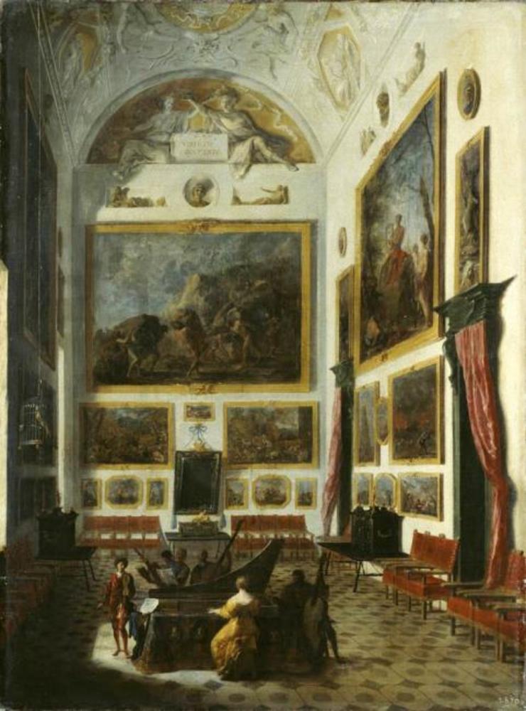 Joueur d'épinette dans un intérieur avec des tableaux - Johann Heinrich Schönfeld image 1 copie de tableau peinte à la main