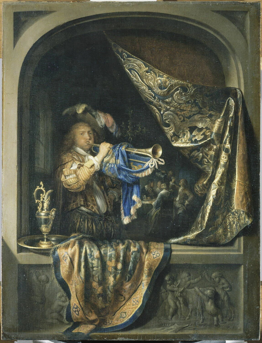 Le joueur de trompette, avec à l'arrière-plan une scène de festin - Gerard Dou