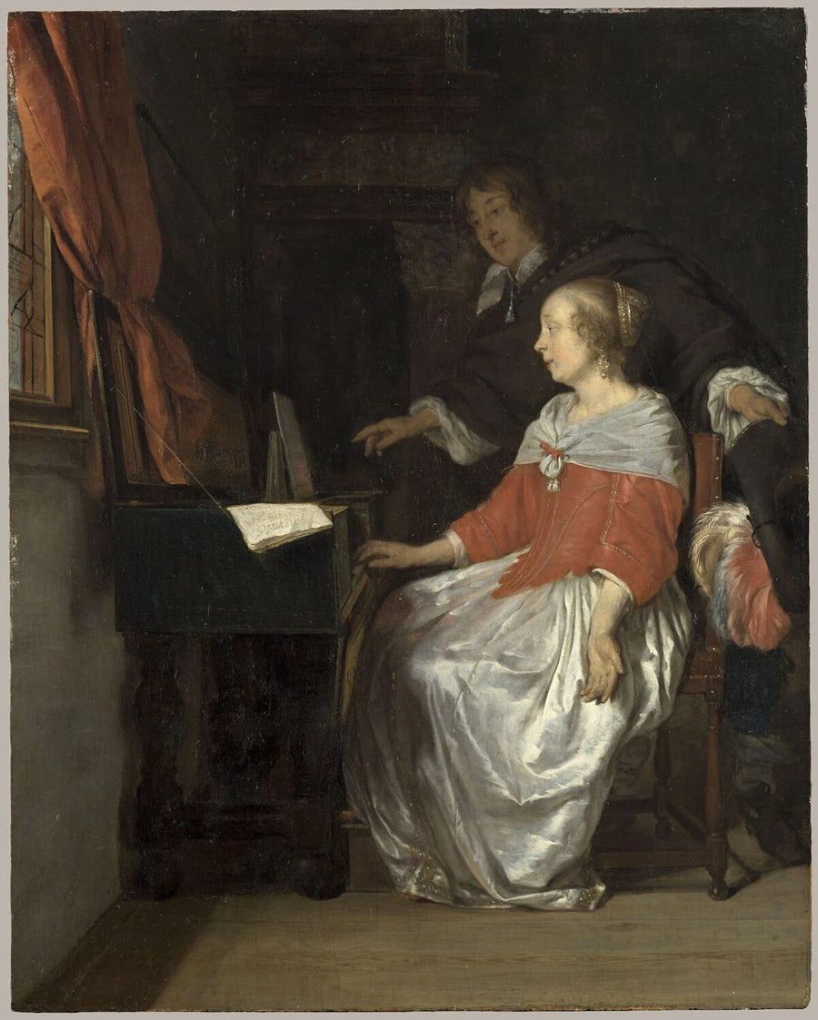 Joueuse de virginal et chanteur préparant un morceau de musique ou Leçon de musique - Gabriel Metsu
