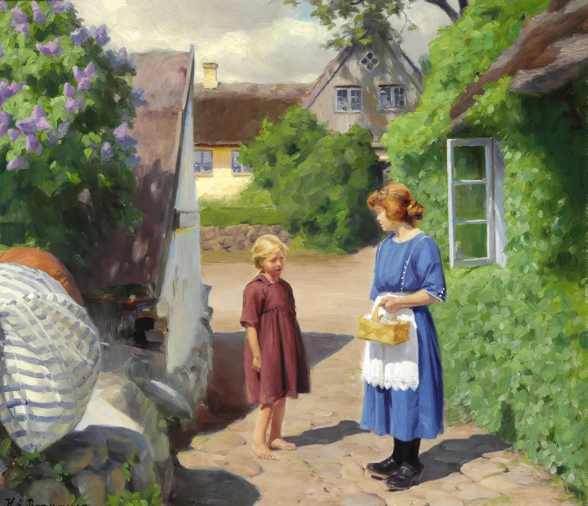 Journée d'été à Jyllinge. Lilas en fleurs et petites filles dans la rue du village. - H. A. Brendekilde image 1 tableau peint à l’huile sur toile