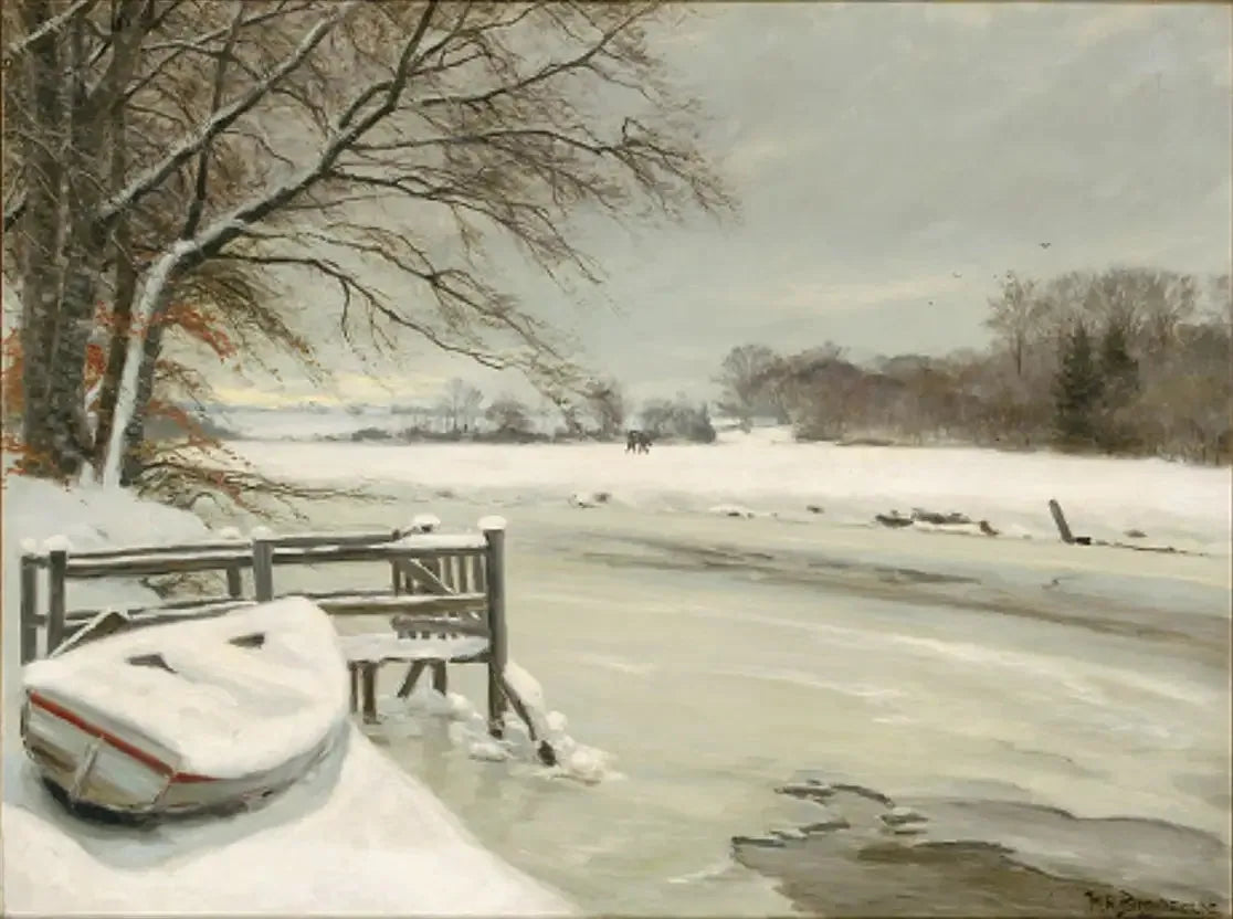 Journée d'hiver au bord d'un ruisseau, avec des chasseurs en arrière-plan. - H. A. Brendekilde image 1 reproduction artisanale de tableau