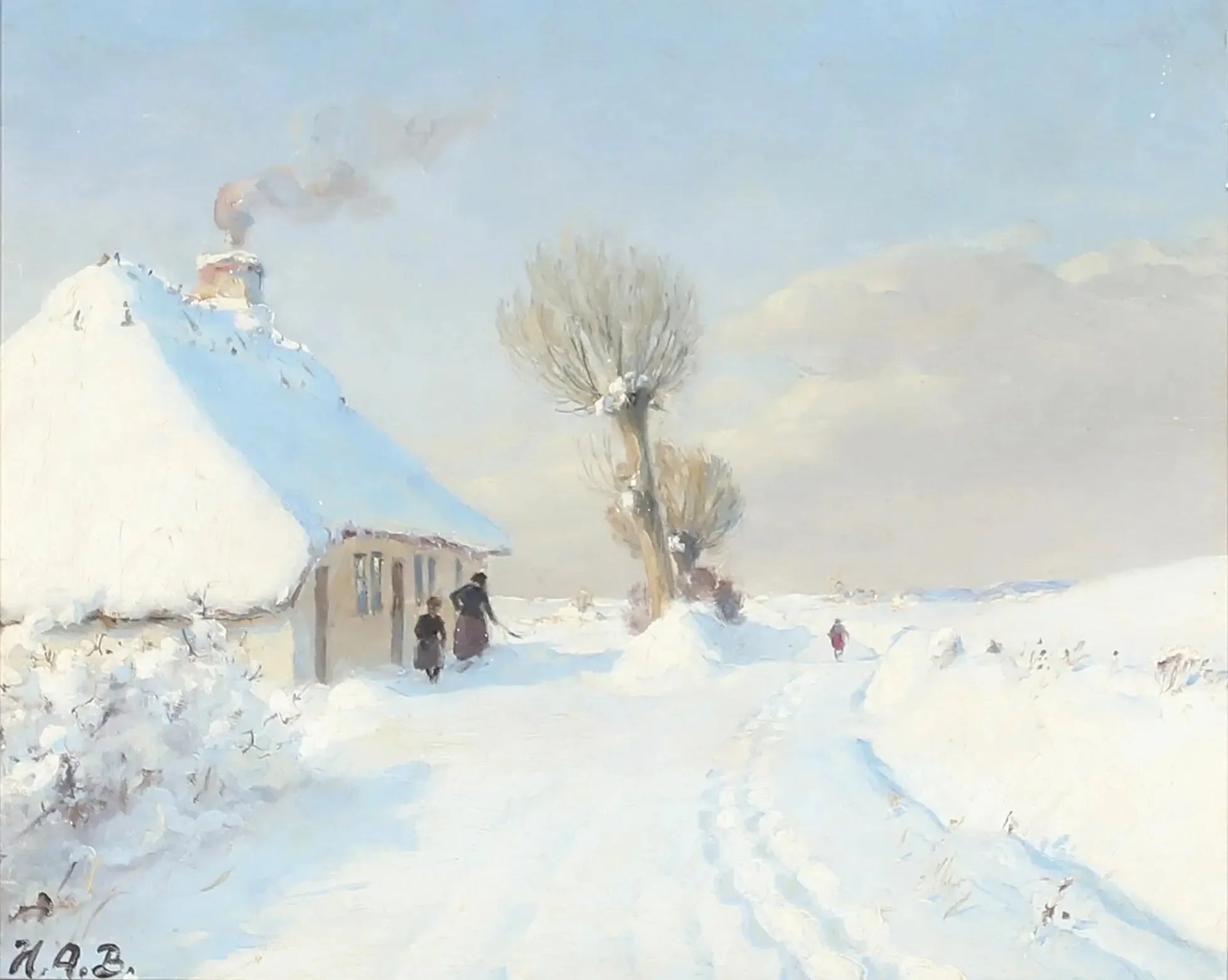 Journée d'hiver ensoleillée avec mère et enfant devant un chalet. - H. A. Brendekilde image 1 tableau peint à l’huile sur toile