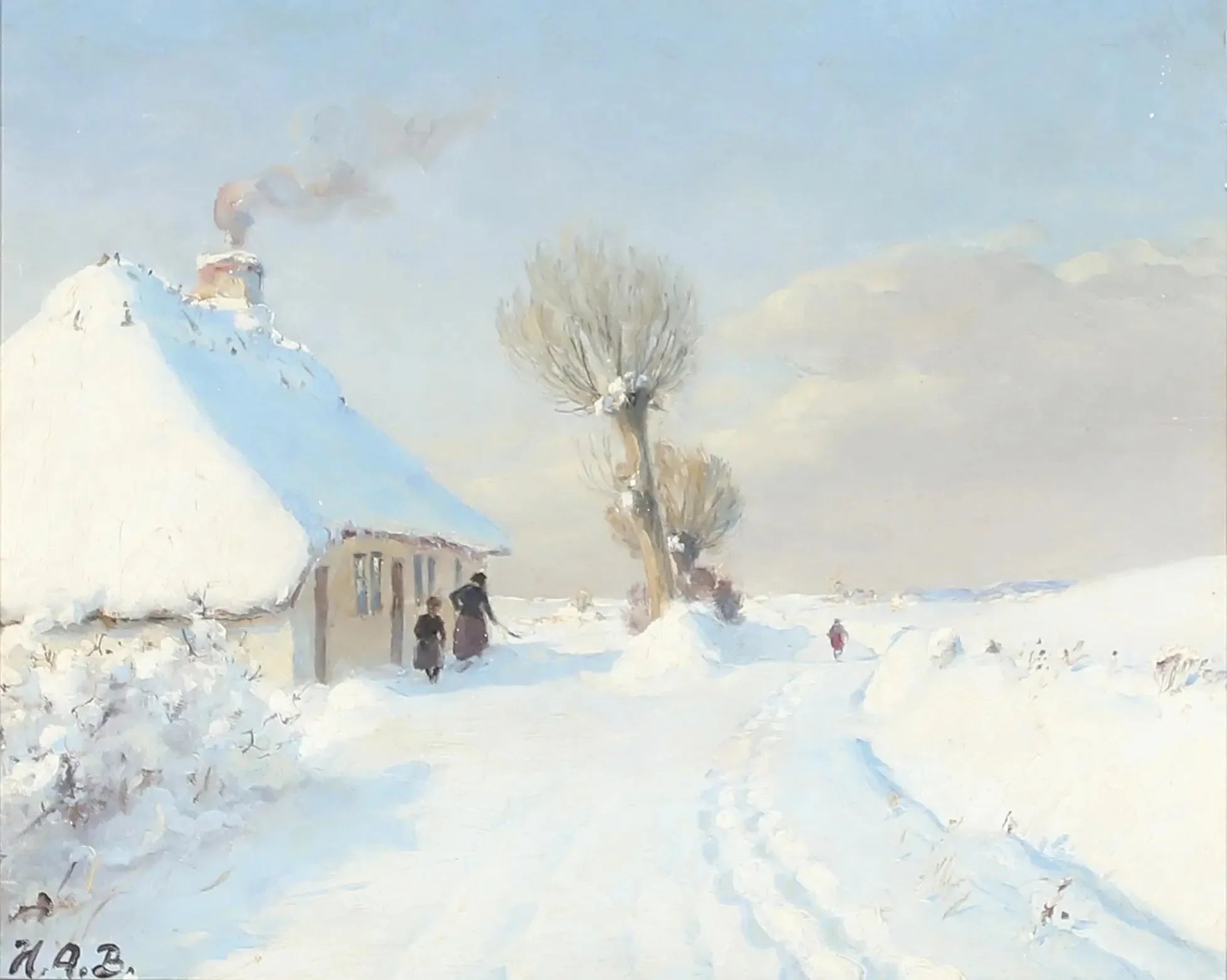 Journée d'hiver ensoleillée avec mère et enfant devant un chalet. - H. A. Brendekilde image 1 tableau peint à l’huile sur toile
