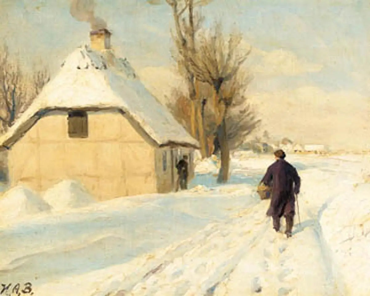 Journée d'hiver près d'une maison au toit de chaume. Un homme marche sur la route enneigée. - H. A. Brendekilde image 1 tableau peint à l’huile sur toile