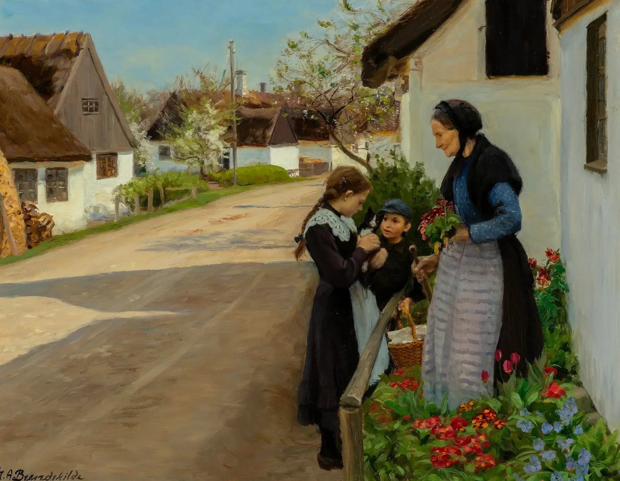 Journée de printemps au village. Le chaton est offert à grand-mère. - H. A. Brendekilde image 1 tableau peint à l’huile sur toile