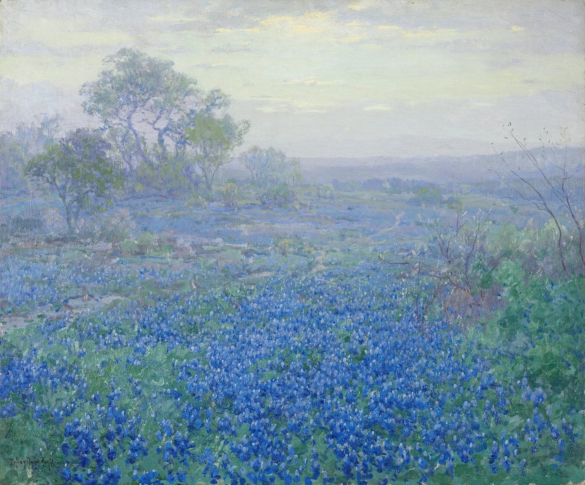 Journée nuageuse, lupins bleus près de San Antonio, Texas - Julian Onderdonk image 1 reproduction d’œuvre d’art à l’huile
