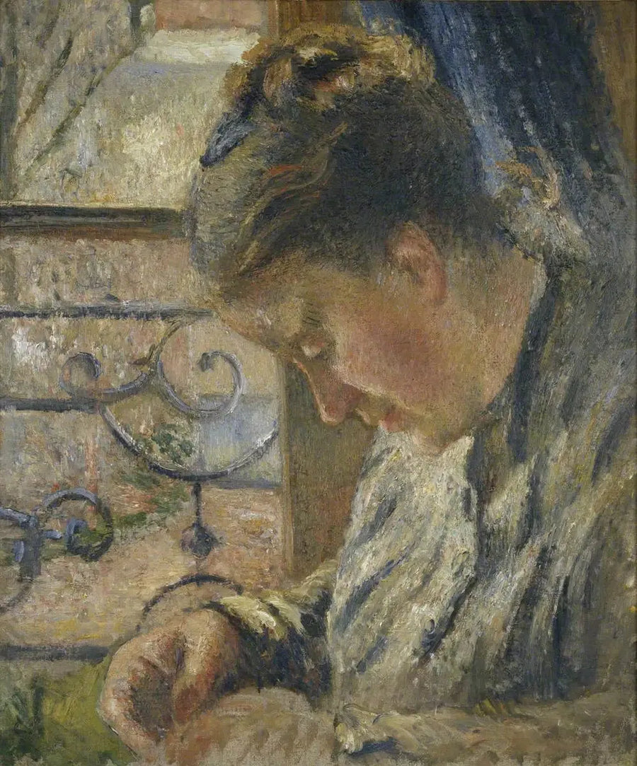 Julie Pissarro cousant, la maison rouge, Pontoise - Camille Pissarro