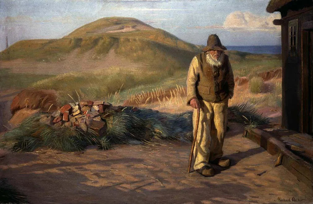 Kristian, aveugle, devant sa maison - Michael Peter Ancher image 1 reproduction de peinture à l’huile