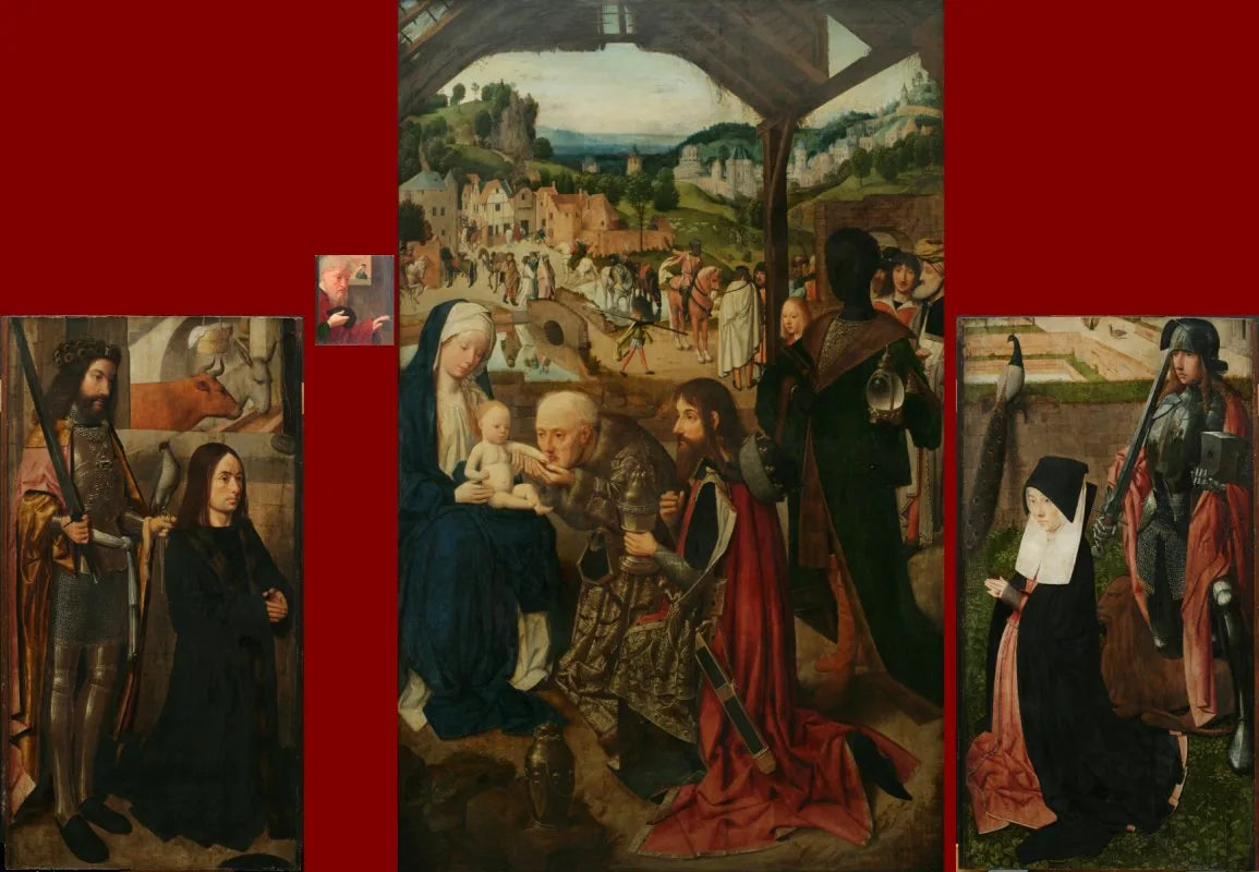 L'Adoration des Mages, retable à volets ; volet gauche : le donateur avec saint Bavon ; volet droit : l'épouse du donateur avec saint Adrien - Geertgen tot Sint Jans image 1 tableau peint à l’huile sur toile