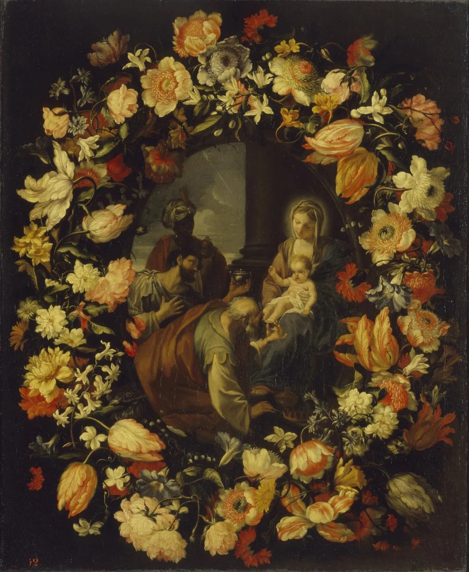 L'adoration des Rois mages encadrée par une guirlande de fleurs - Carlo Maratta image 1 reproduction de peinture à l’huile