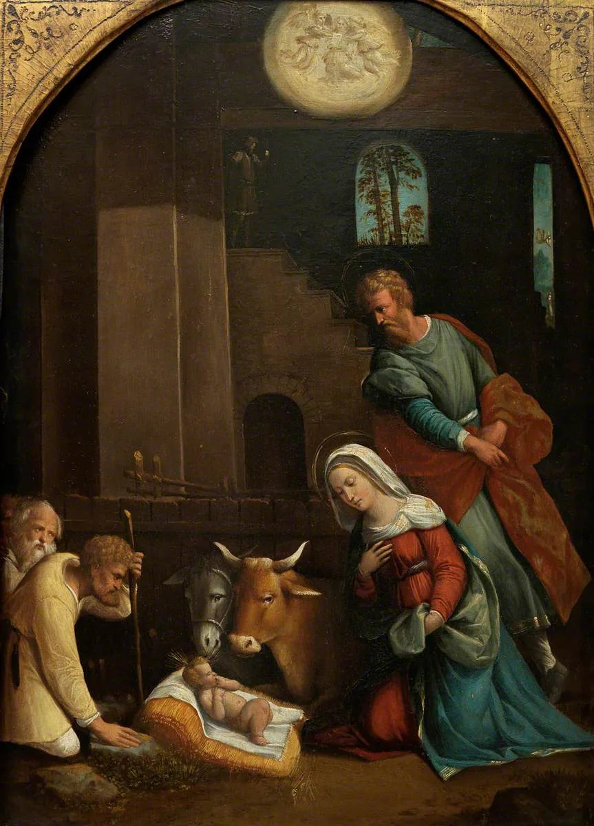 L'Adoration du Pasteur, avec l'Annonciation aux bergers d'au-delà - Benvenuto Tisi image 1 reproduction artisanale de tableau
