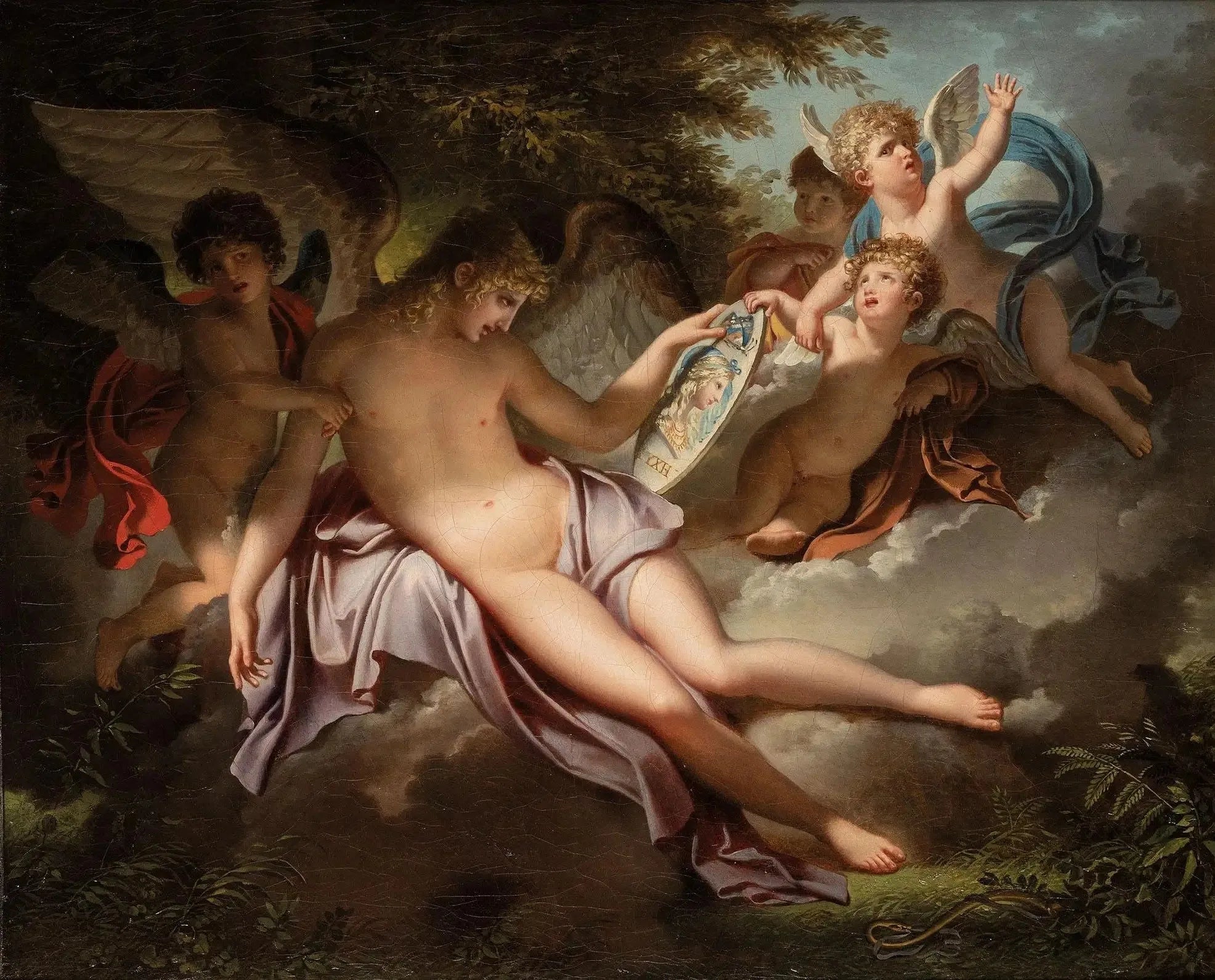 L'Amour adolescent pleurant sur le portrait de Psyché qu'il a perdu - Charles Meynier image 1 reproduction de peinture à l’huile