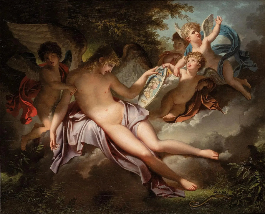 L'Amour adolescent pleurant sur le portrait de Psyché qu'il a perdu - Charles Meynier image 1 reproduction de peinture à l’huile