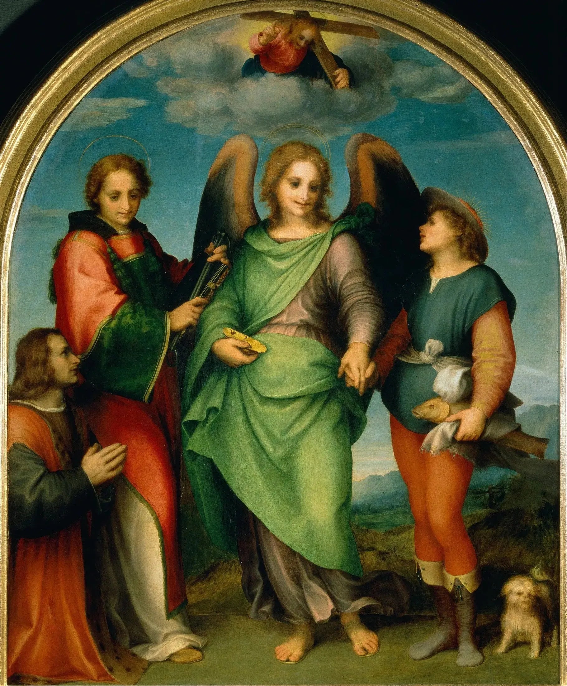 L'archange Raphaël avec Tobie, saint Laurent et le donateur Leonardo di Lorenzo Morelli - Andrea del Sarto image 1 reproduction de peinture à l’huile