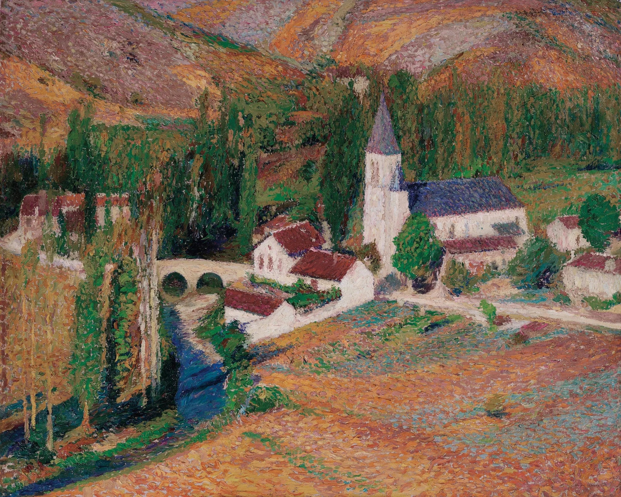 L’église de Labastide-du-Vert avec le pont et la rivière, un soir d’automne - Henri-Jean Guillaume Martin image 1 reproduction artisanale de tableau