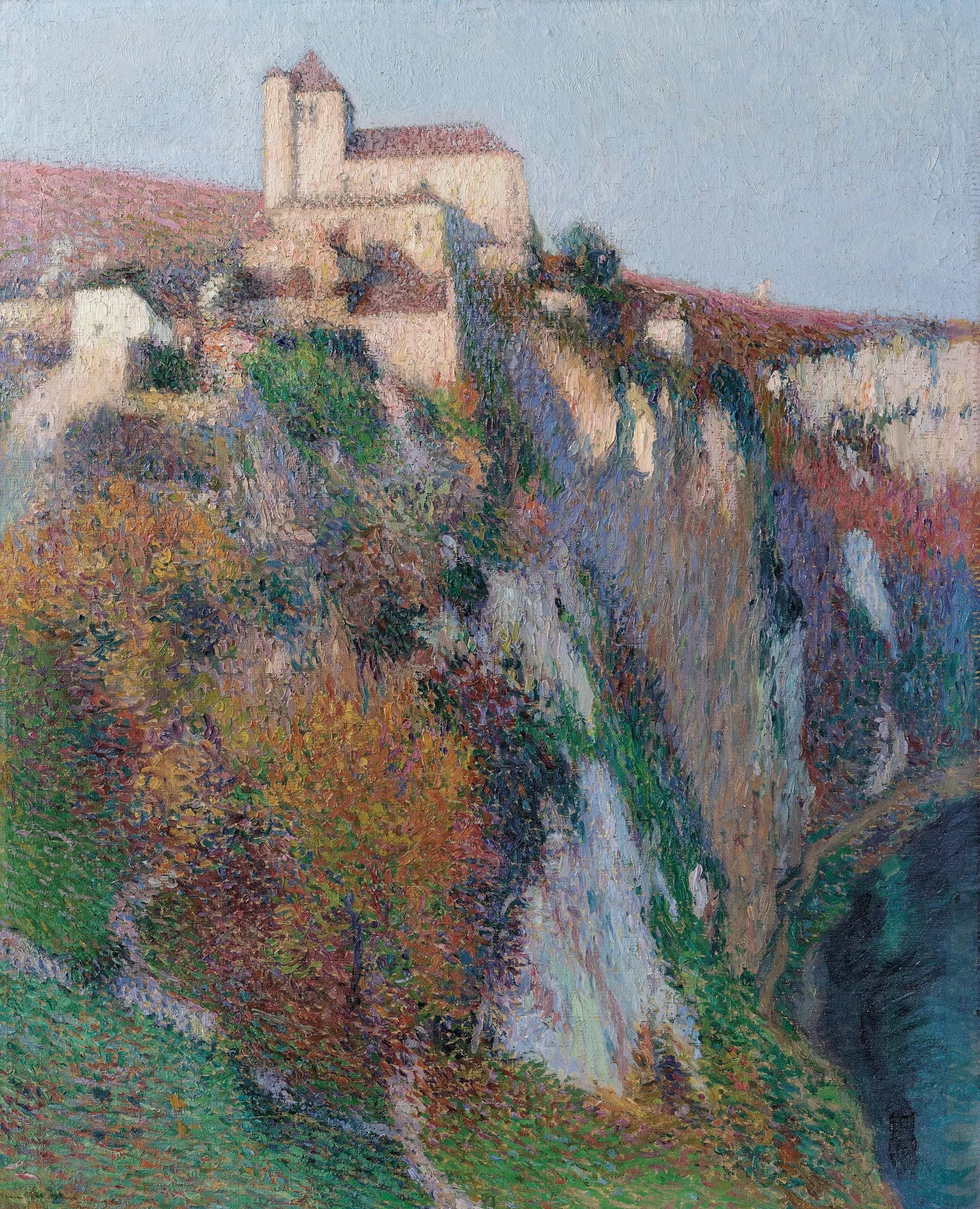 L’église Saint-Cirq Lapopie perchée sur la falaise de la boucle du Lot, ciel bleu - Henri-Jean Guillaume Martin image 1 tableau peint à l’huile sur toile