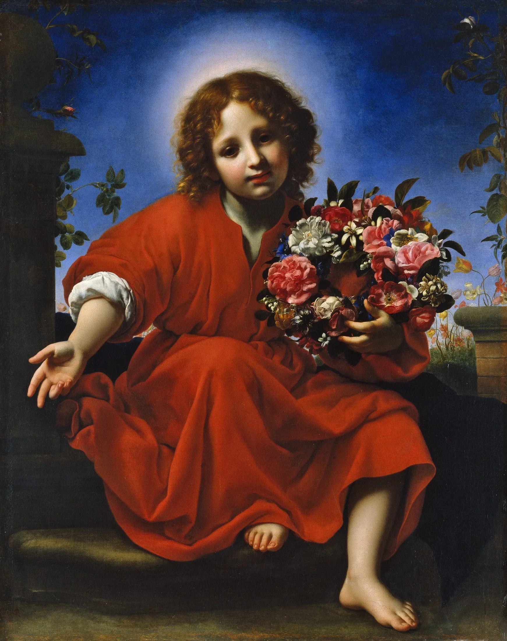L'Enfant Jésus avec une couronne de fleurs - Carlo Dolci image 1 reproduction de peinture à l’huile