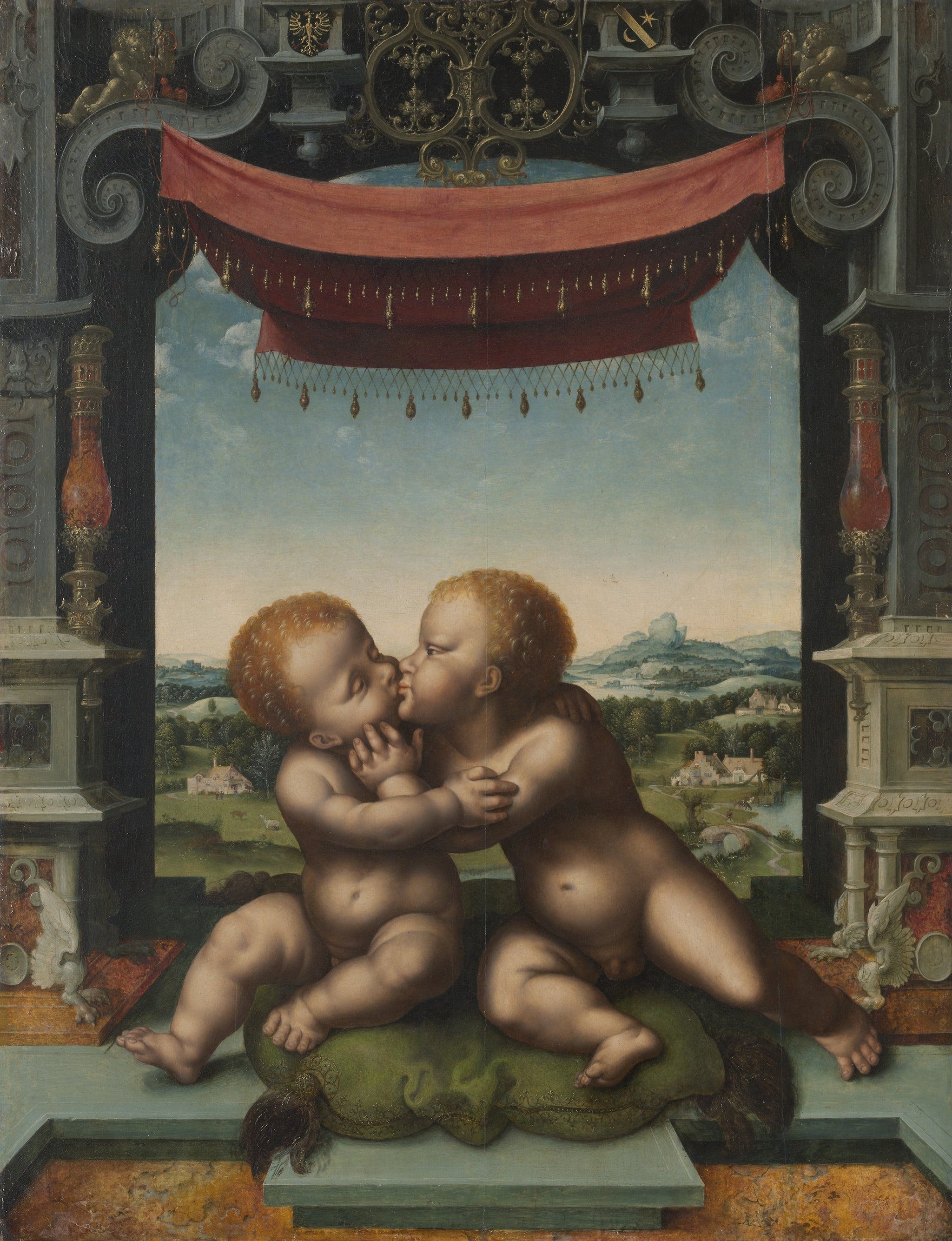 L'Enfant Jésus et saint Jean-Baptiste s'enlaçant - Joos van Cleve image 1 copie de tableau peinte à la main