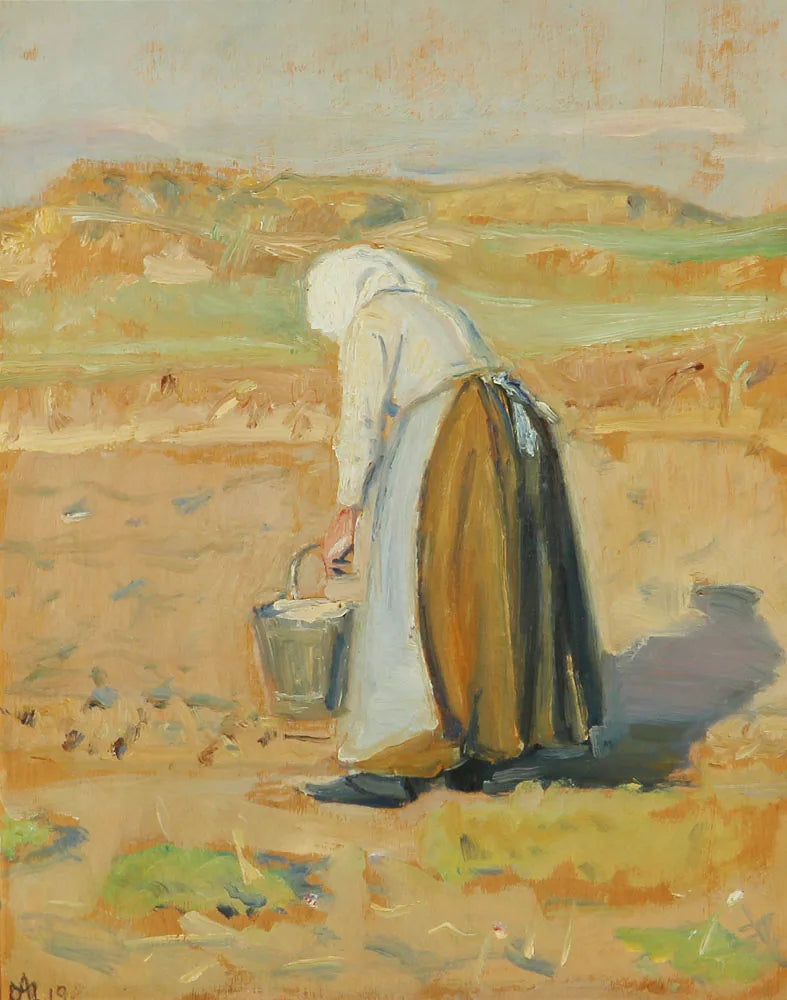 L'épouse d'Ole Markstrøm travaillant sur la plage. - Michael Peter Ancher image 1 copie de tableau peinte à la main