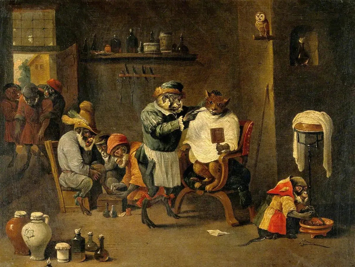 L'établissement d'un barbier-chirurgien singe - David Teniers le Jeune image 1 reproduction artisanale de tableau