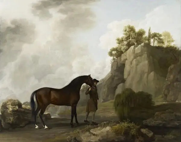 L'étalon arabe du marquis de Rockingham mené par un palefrenier à Creswell Crags - George Stubbs image 1 reproduction d’œuvre d’art à l’huile