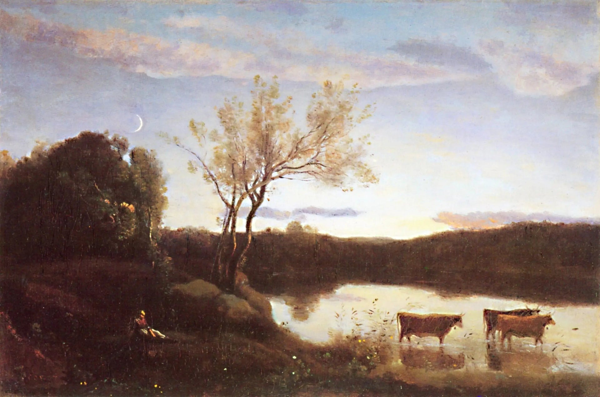 L'Étang aux trois vaches et au Croissant de Lune - Jean-Baptiste Camille Corot image 1 copie de tableau peinte à la main