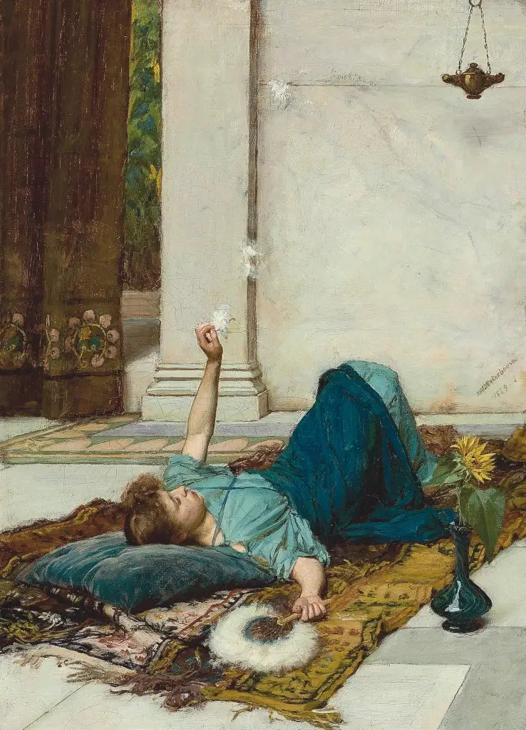 L'éventail à plumes blanches - John William Waterhouse image 1 reproduction d’œuvre d’art à l’huile