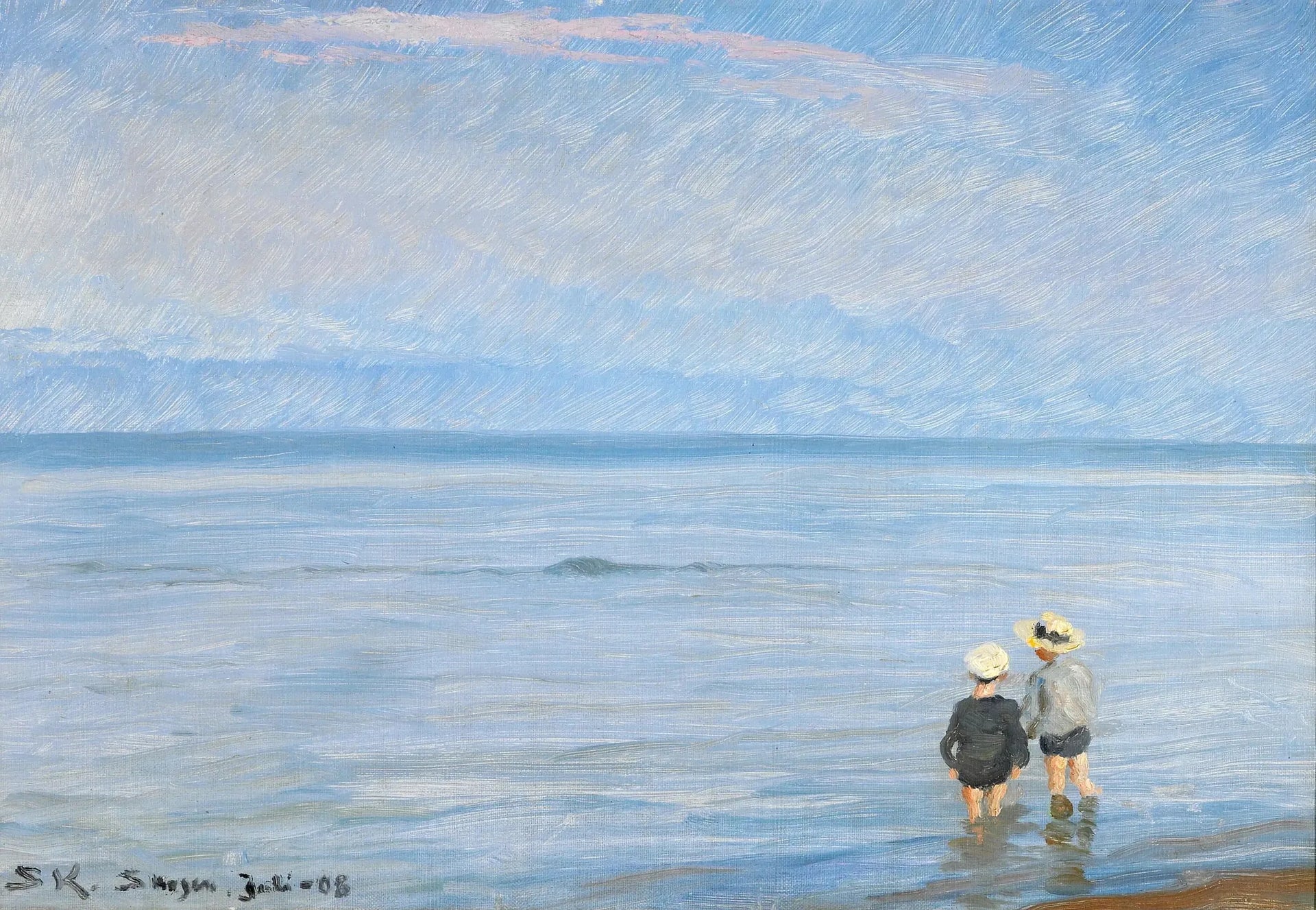 L'heure bleue. Deux enfants pagayant sur la plage de Skagen. - Peder Severin Krøyer image 1 copie de tableau peinte à la main