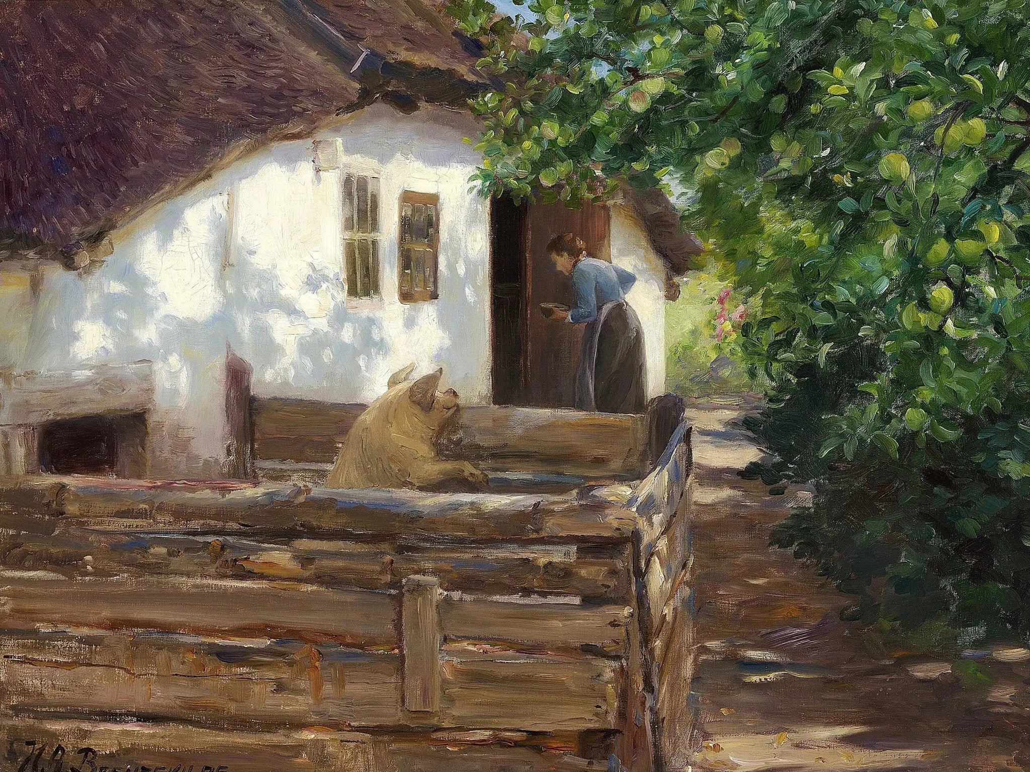 L'heure du repas du cochon. - H. A. Brendekilde image 1 reproduction artisanale de tableau