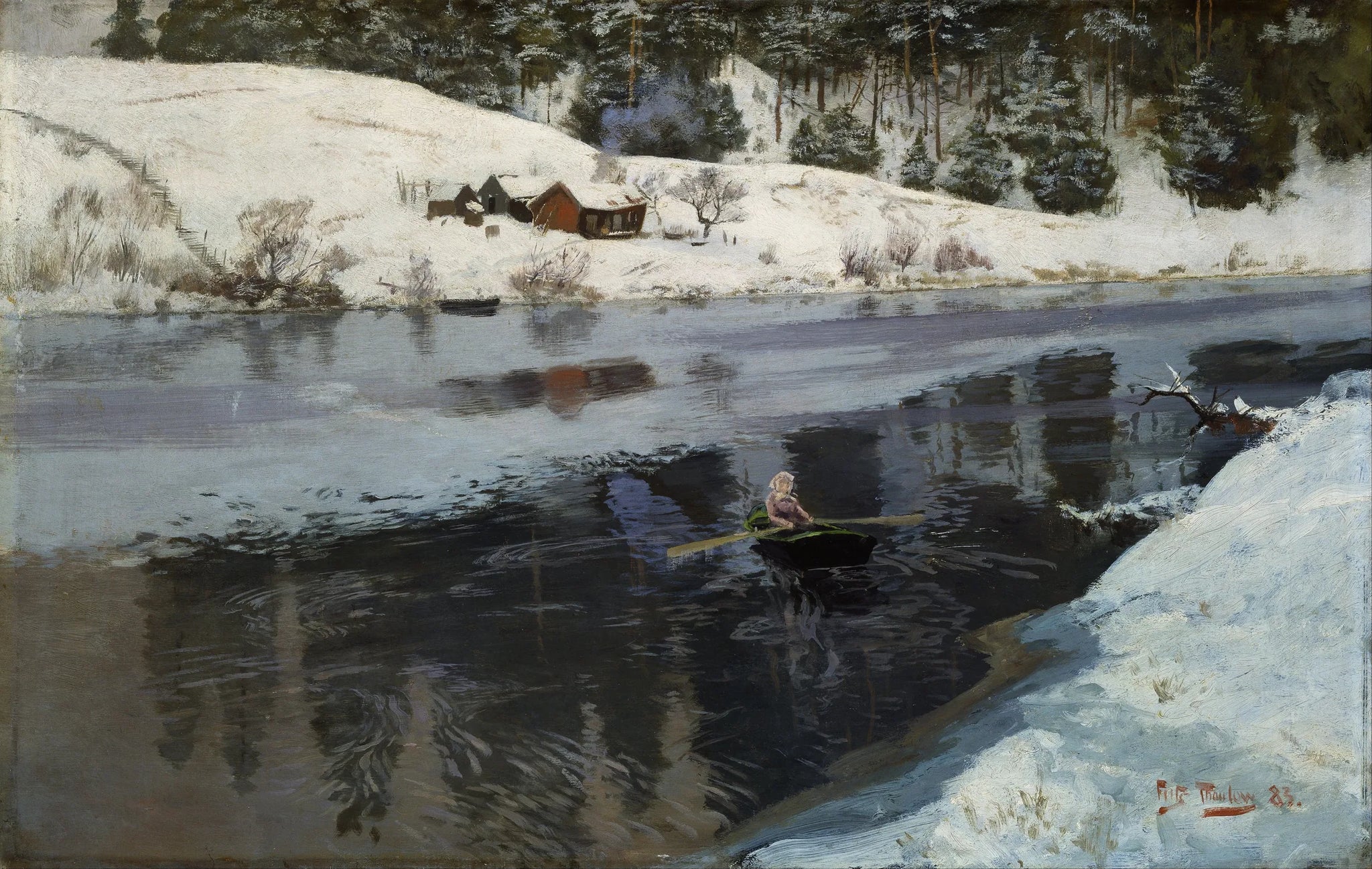 L'hiver au bord du fleuve Simoa - Frits Thaulow image 1 copie peinte à la main à l’huile