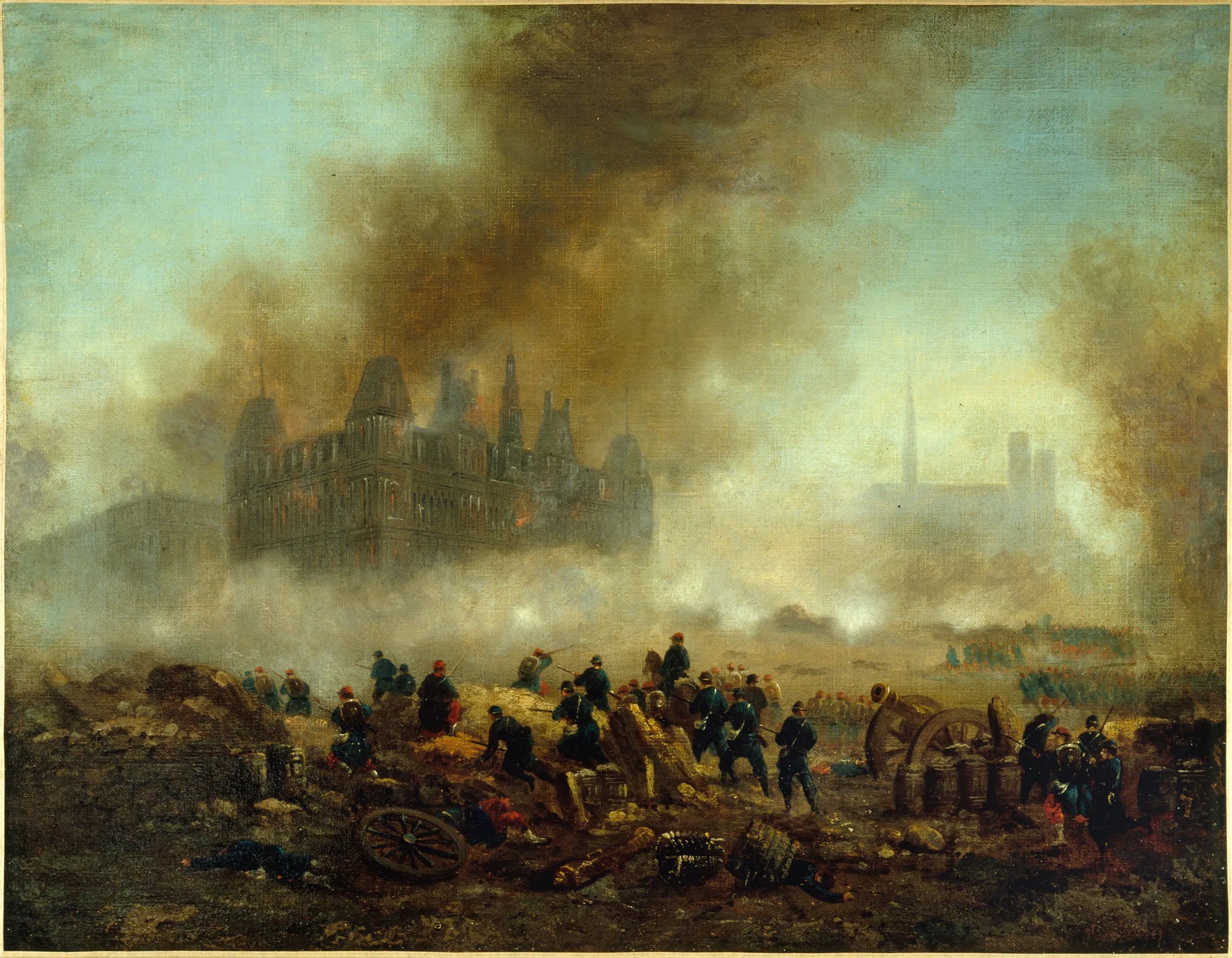 L'Hôtel de Ville incendié, assailli par les troupes de Versailles - Gustave Boulanger image 1 tableau peint à l’huile sur toile