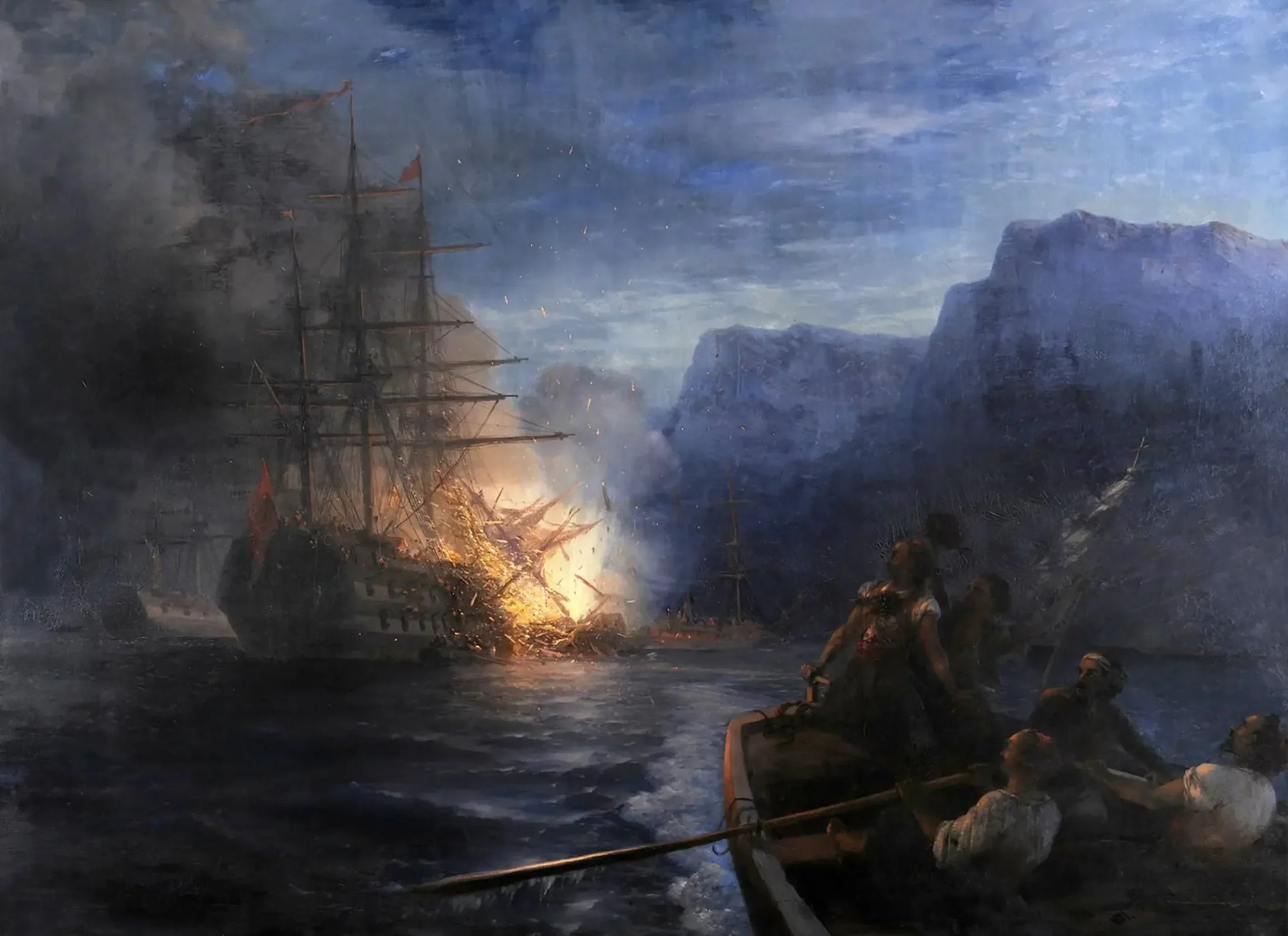 L'incendie du navire amiral turc par Kanáris - Ivan Aïvazovski image 1 reproduction artisanale de tableau