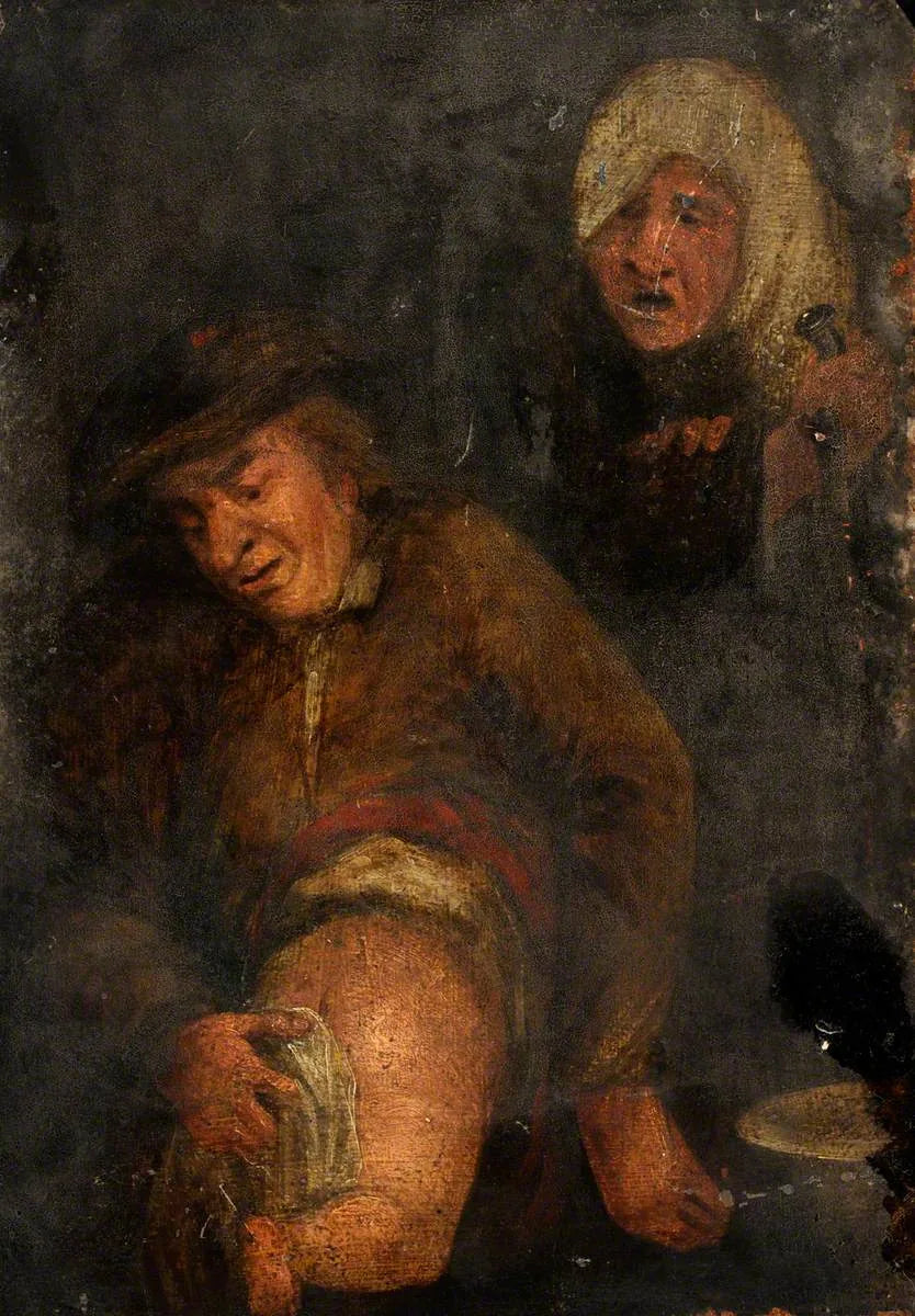 L'odorat : un homme qui change les fesses d'un bébé - Adriaen Brouwer image 1 copie peinte à la main à l’huile