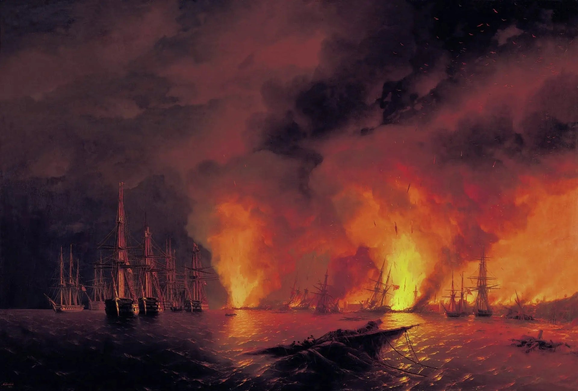La Bataille de Sinope, le 18 novembre 1853 (Nuit après la bataille). - Ivan Aïvazovski image 1 copie de tableau peinte à la main