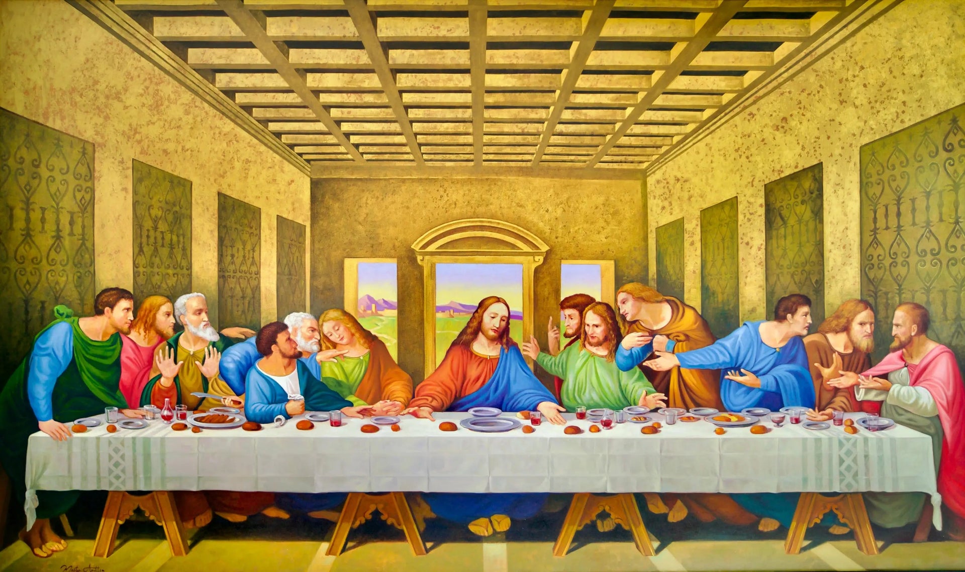 La Cène – Une réinterprétation du chef-d'œuvre de Léonard de Vinci par Master Apollon | 270 x 160 cm image 1 tableau peint à l’huile sur toile