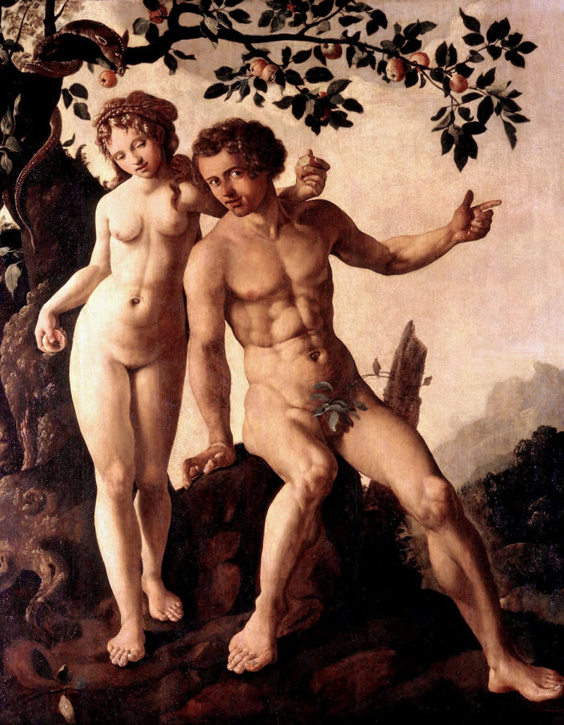 La chute de l'homme : le serpent offre la pomme à Ève, Ève offre le fruit à Adam (Genèse 3:6) - Maarten van Heemskerck
